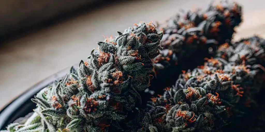 Close-up of frosty cannabis buds with orange pistils.