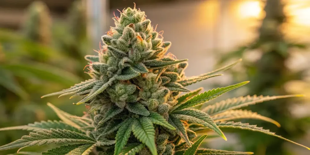 A frosty green cannabis bud growing under lights in a controlled indoor environment.