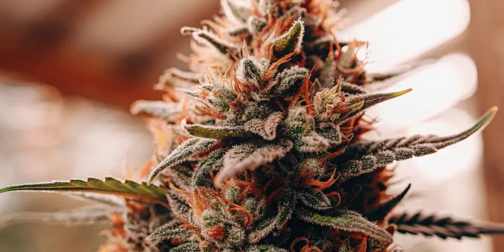 Close-up of a vibrant cannabis bud with purple hues, trichomes, and green leaves.