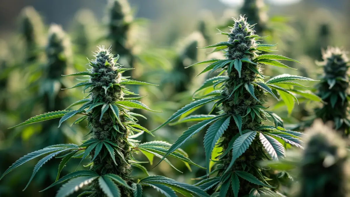 Close-up of green and purple cannabis plants growing in an open field during peak flowering.