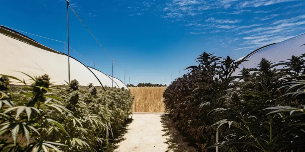 Hyper-realistic illustration of cannabis plants under greenhouse covers, with a dirt path leading to an open field under a blue sky.