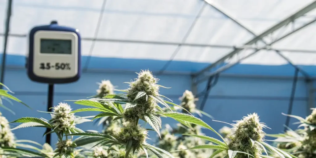 Hyper-realistic close-up of flowering cannabis plants with a humidity meter showing "35-50%" in a greenhouse.