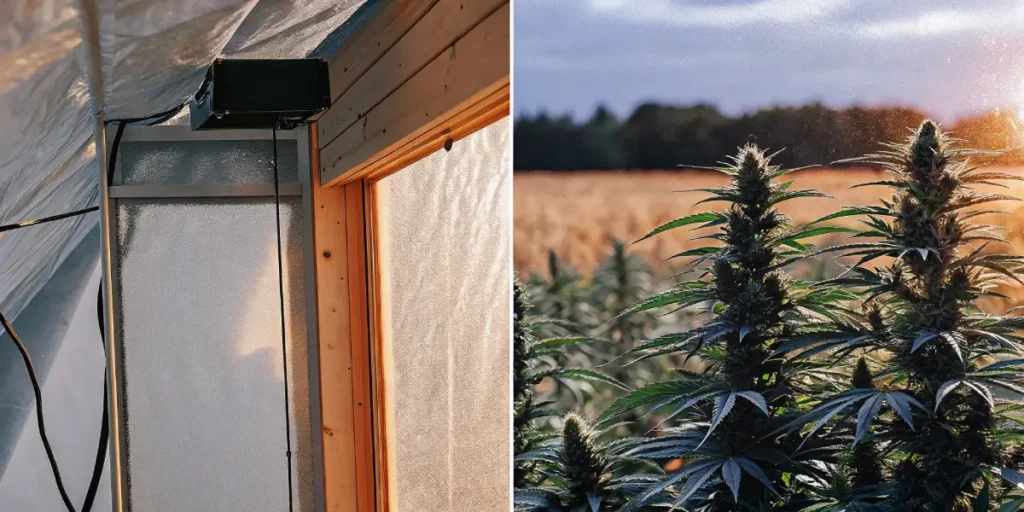 Split illustration: interior of a cannabis greenhouse with a light fixture (left), and a close-up of cannabis plants in an outdoor field at sunset (right).