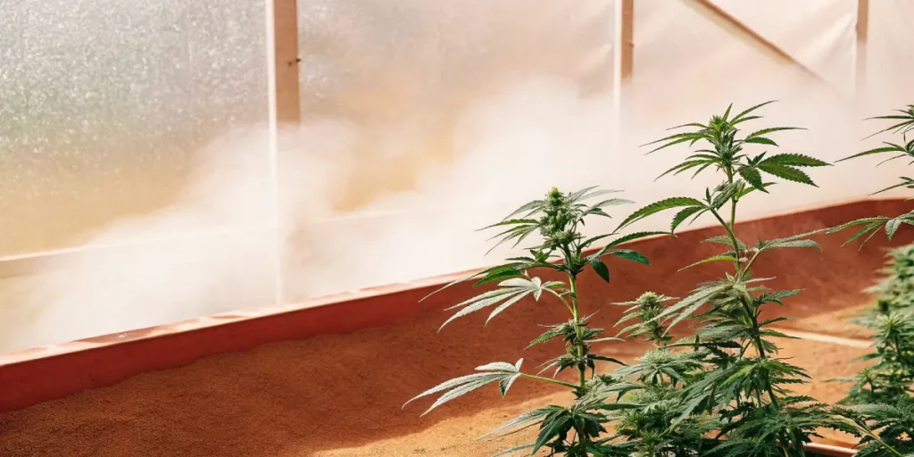 Hyper-realistic cannabis garden: green plants with buds inside a greenhouse, with mist rising from brown-colored ground, and natural light.