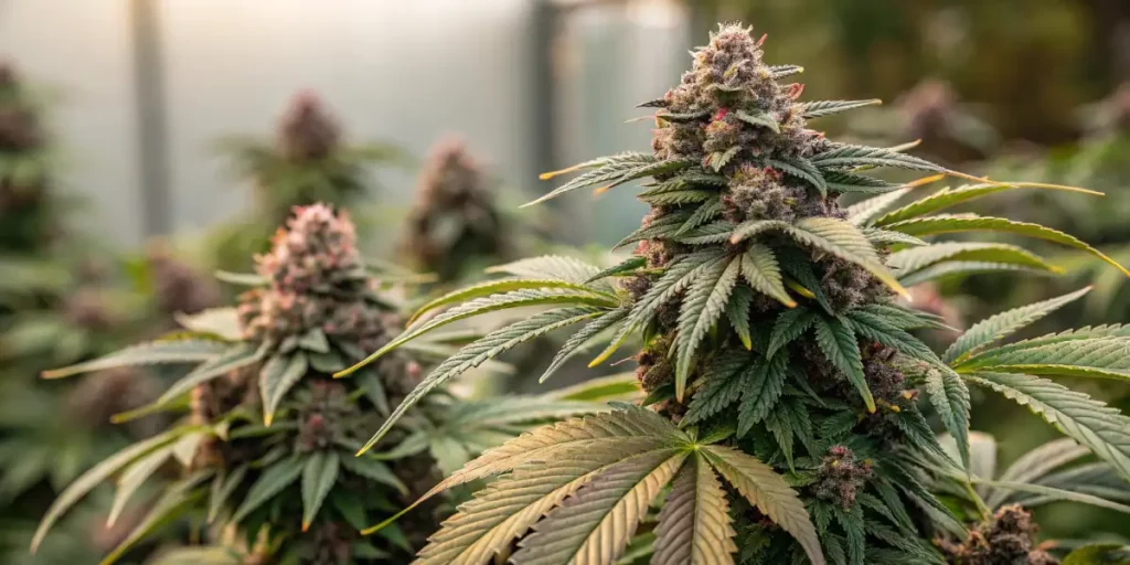 Cannabis plants growing indoors with well-formed buds, healthy leaves, and a focus on a prominent bud.