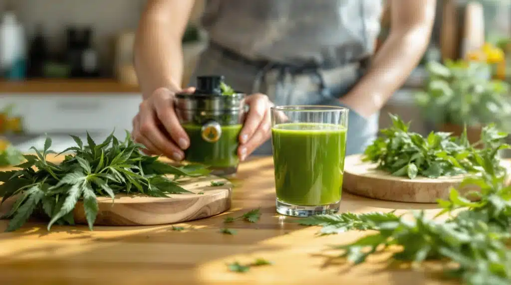 A person preparing a cannabis-based juice, highlighting fresh cannabis leaves.