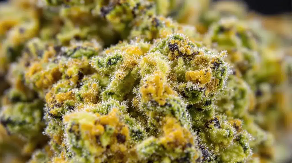 Macro shot of resinous trichomes on a cannabis bud, showcasing the high-quality and power of the highest THCA flower.