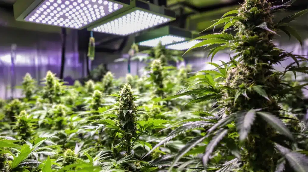 Indoor grow room with mature cannabis plants under LED lights, cultivated to produce the highest THCA flower for premium potency.