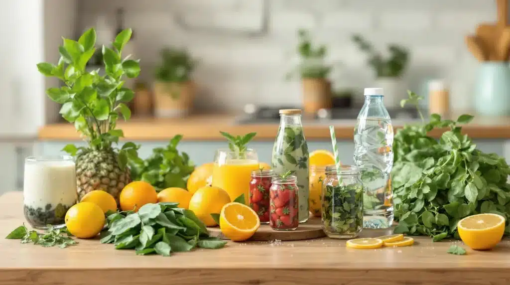 A variety of herbal drinks and fresh fruits, ideal for cleansing and helping you get THCA out of your system.