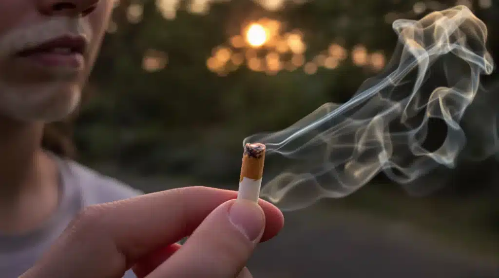 Person enjoying a lit pre-roll outdoors, highlighting the process of how to light pre rolled weed in a serene setting.