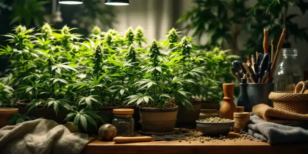Thriving indoor cannabis plants surrounded by gardening tools and nutrient-rich fertilizers, highlighting the best quick source of nitrogen for cannabis.