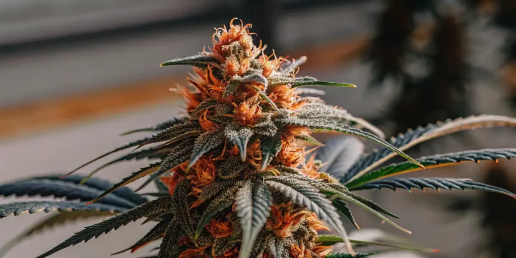 Indoor cannabis flower under grow lights, with orange pistils and thick trichomes.