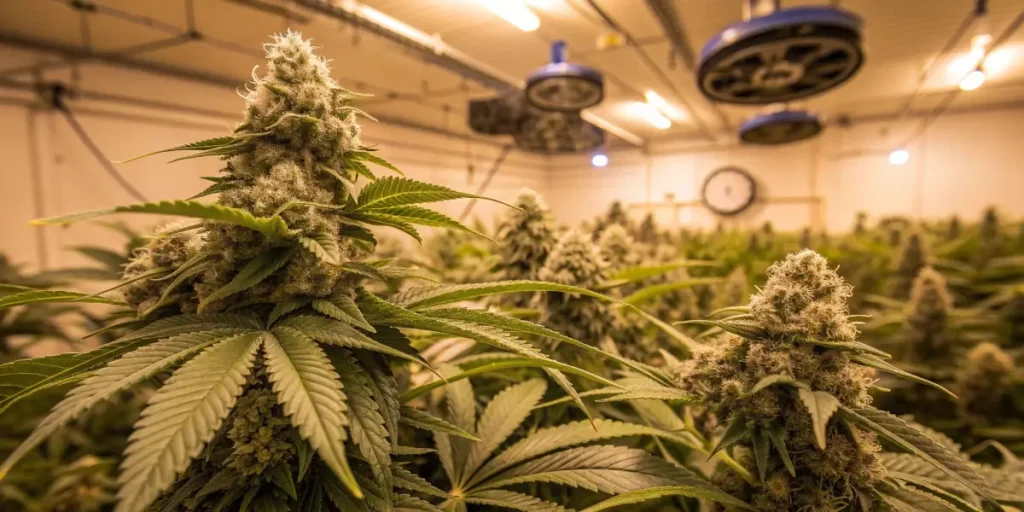 Hyper-realistic close-up of flowering cannabis plants with dense, frosty buds under warm indoor grow lights, and a clock on the wall.