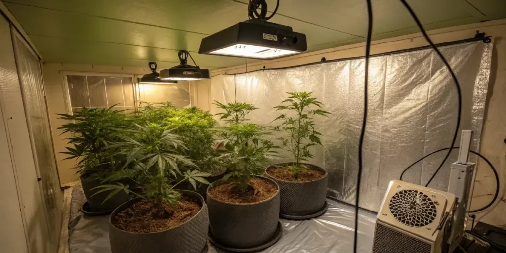 Indoor cannabis grow room with healthy plants under grow lights in large containers.