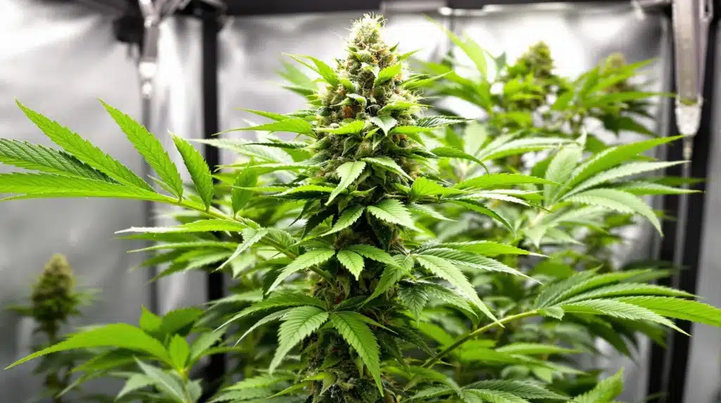 A cannabis grow tent with thriving sativa autoflowers under controlled conditions.
