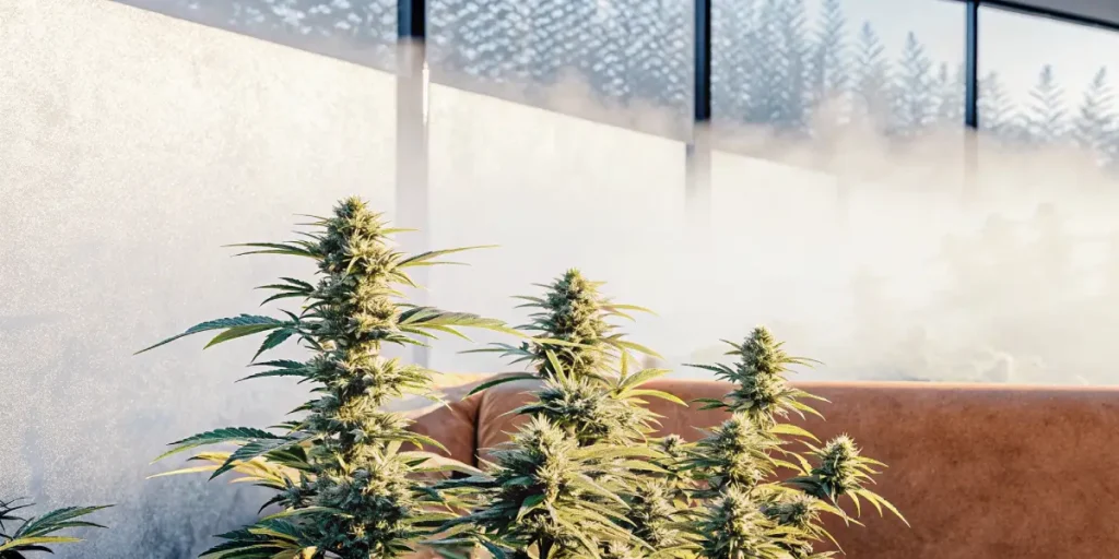 Hyper-realistic cannabis plants with dense buds growing indoors, with mist, and a blurred background resembling a window with trees.