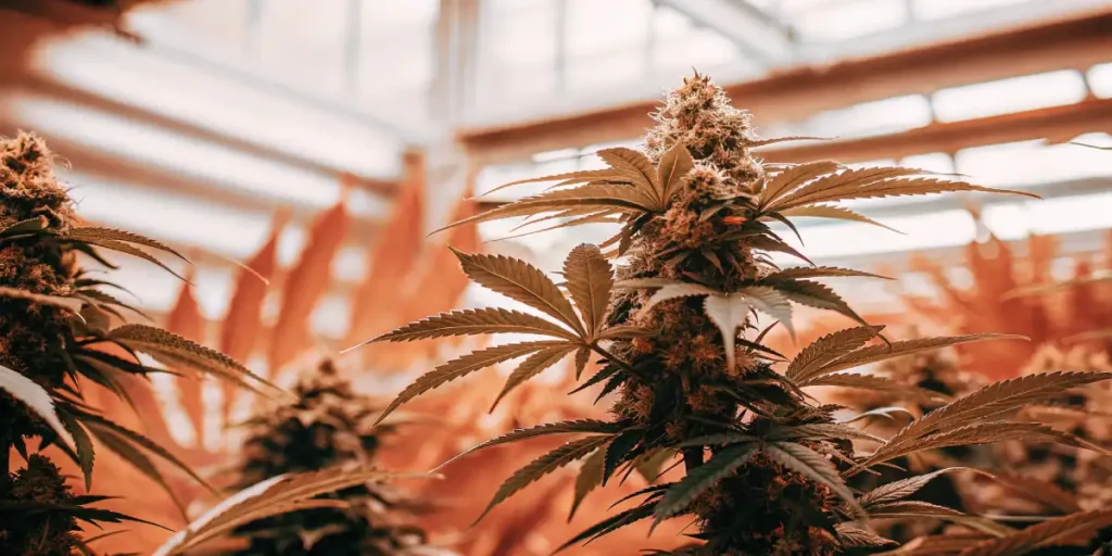 Indoor cannabis plant with vibrant green leaves and buds, illuminated by natural light coming through a window.