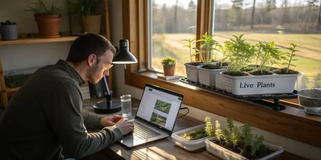 Hyper-realistic digital artwork showing a man using a laptop to monitor cannabis plants in various stages of growth by a window in a home setting, with "Live Plants" labels.