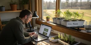 Hyper-realistic digital artwork showing a man using a laptop to monitor cannabis plants in various stages of growth by a window in a home setting, with "Live Plants" labels.