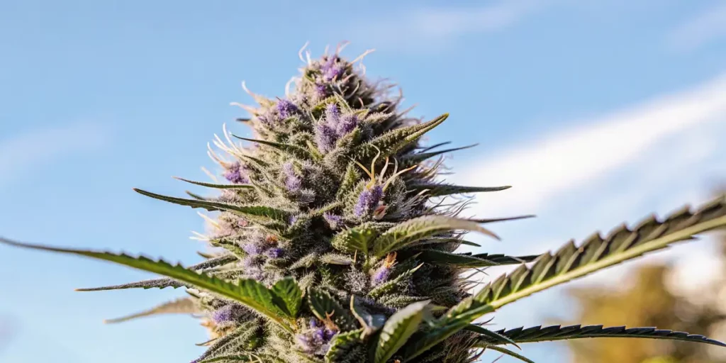 Indoor cannabis flower covered with resinous trichomes and distinct purple streaks.