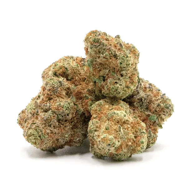 Pile of Jokerz Candy THCA Flower buds with frosty trichomes, highlighting light green tones and bright orange pistils