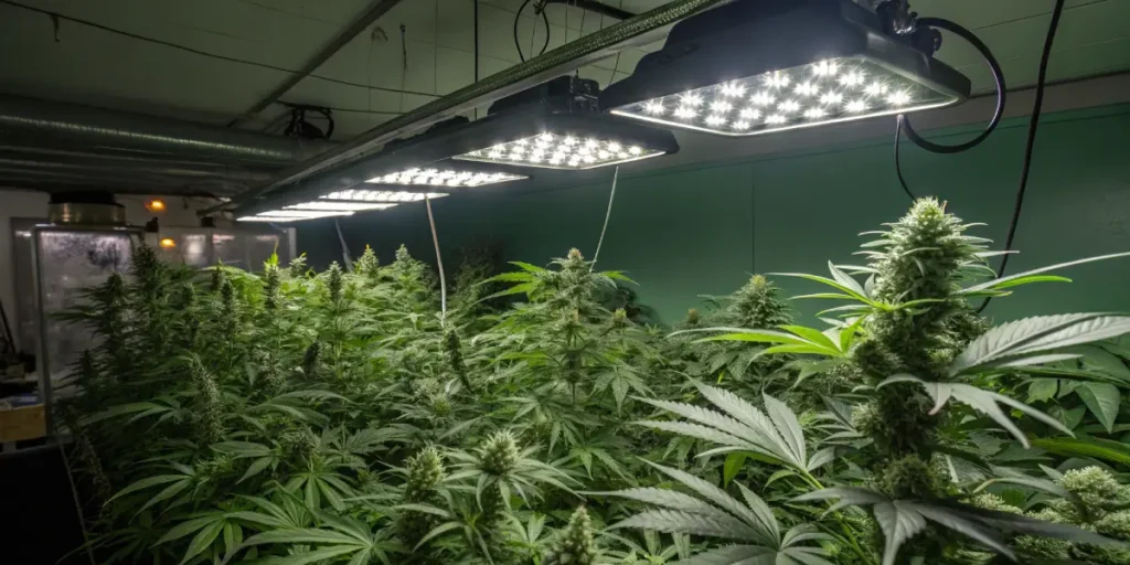 Hyper-realistic indoor cannabis grow room featuring long rows of lush, green cannabis plants under bright LED grow lights.