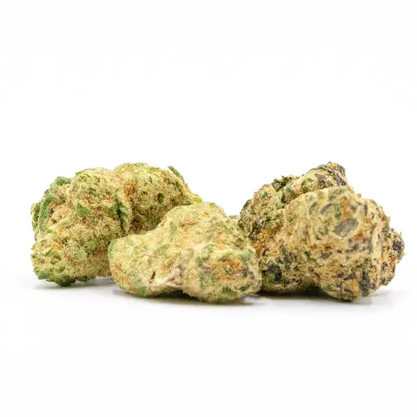 Three Lilac Diesel THCA Flower buds with a mix of green and purple hues, covered in a layer of trichomes