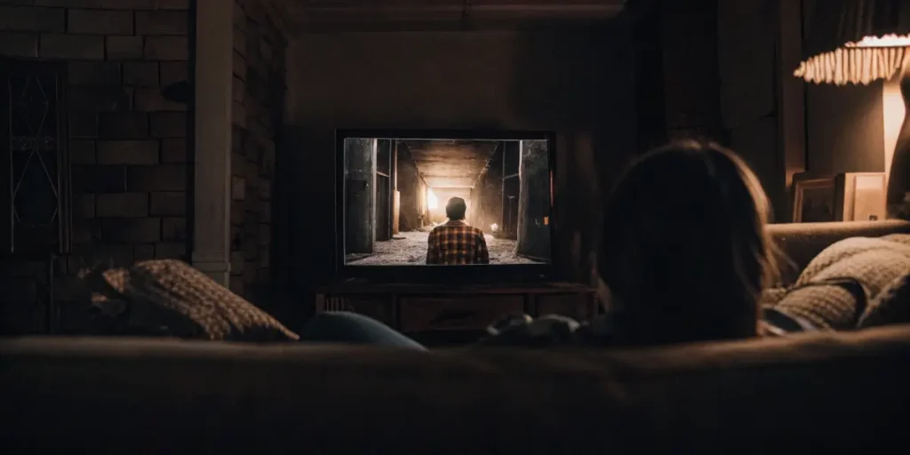 Person with back to camera watching a TV in a dark room, showing a figure in a tunnel.