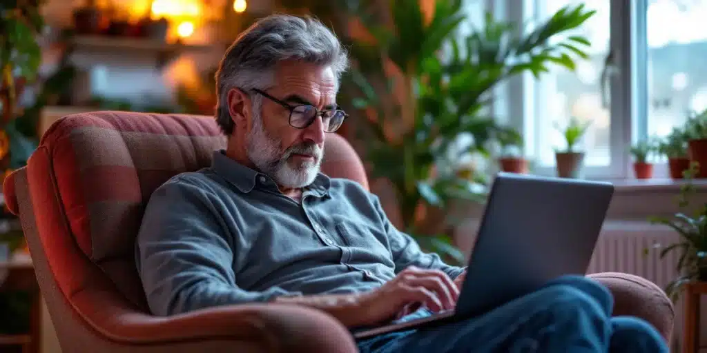 Man sitting at home using a laptop to search where to buy cannabis clones near him, surrounded by indoor plants for a natural vibe.
