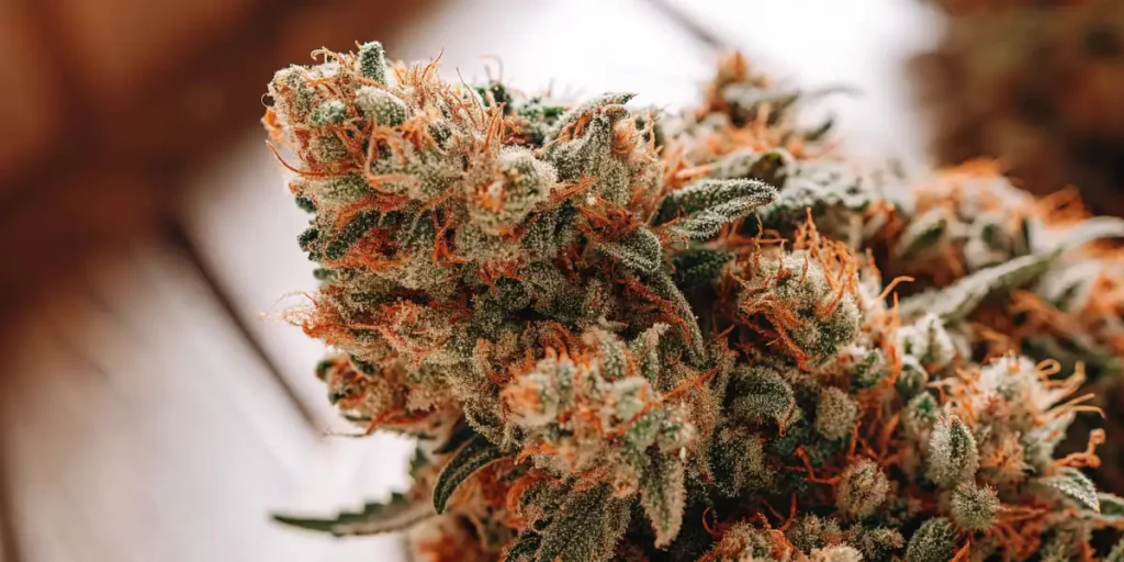 Close-up of mint cannabis buds with orange pistils and frosty trichomes.