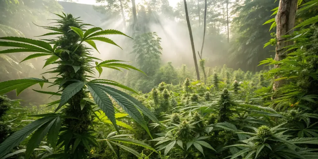 Hyper-realistic cannabis garden thriving in a misty forest, with sunbeams cutting through the trees, creating a mystical atmosphere.