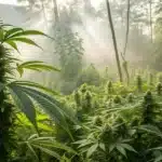 Hyper-realistic cannabis garden thriving in a misty forest, with sunbeams cutting through the trees, creating a mystical atmosphere.
