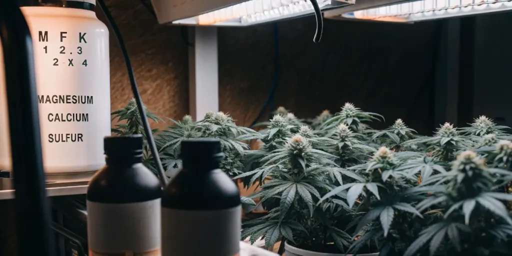 Cannabis plants under grow lights, with a nutrient chart displaying O-P-K ratios and elements like Magnesium, Calcium, Sulfur.