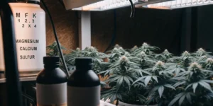 Cannabis plants under grow lights, with a nutrient chart displaying O-P-K ratios and elements like Magnesium, Calcium, Sulfur.
