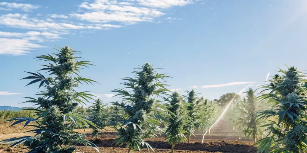 Hyper-realistic outdoor scene of cannabis cultivation: rows of lush plants being irrigated by sprinklers under a bright, partly cloudy sky.