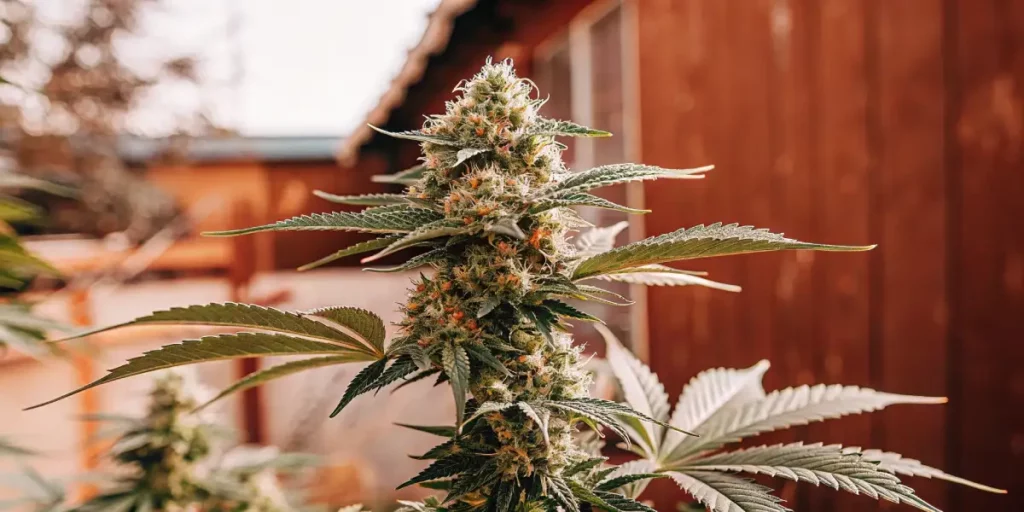 Close-up of a vibrant cannabis plant with green leaves and orange buds growing outdoors, set against a wooden background.