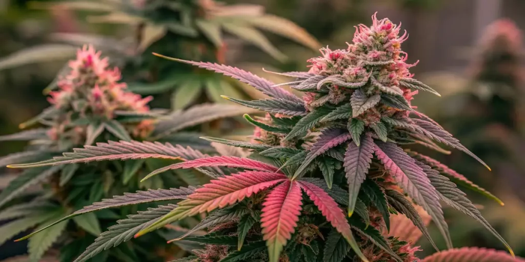 Close-up of cannabis buds with pink and red hues, displaying dense trichomes and vibrant leaves.