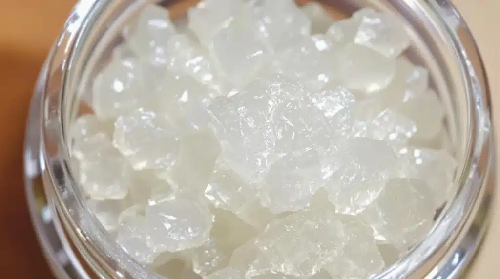 Close-up of crystalline cannabis concentrate, showcasing the purity and quality of Puffy THCA products.