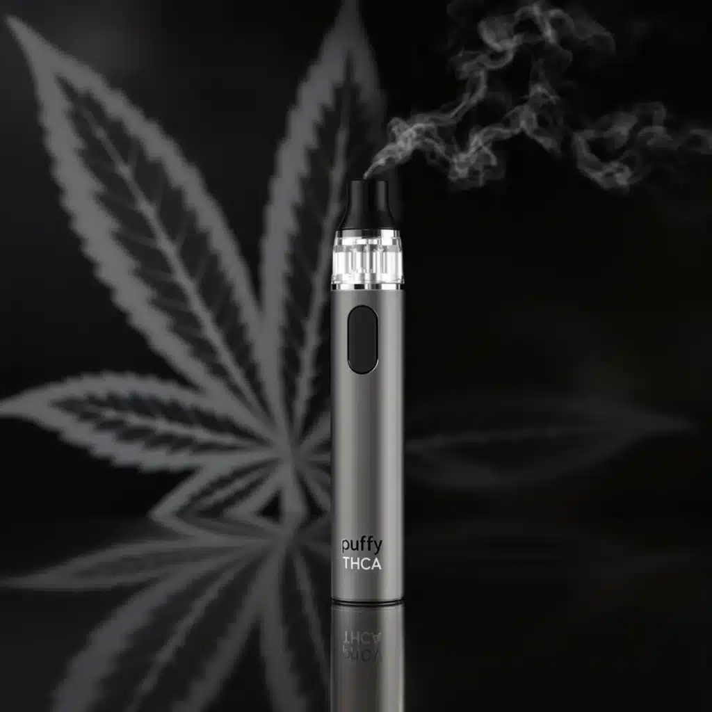 Modern vape pen emitting vapor, ideal for enjoying Puffy THCA products in a sleek and convenient way.