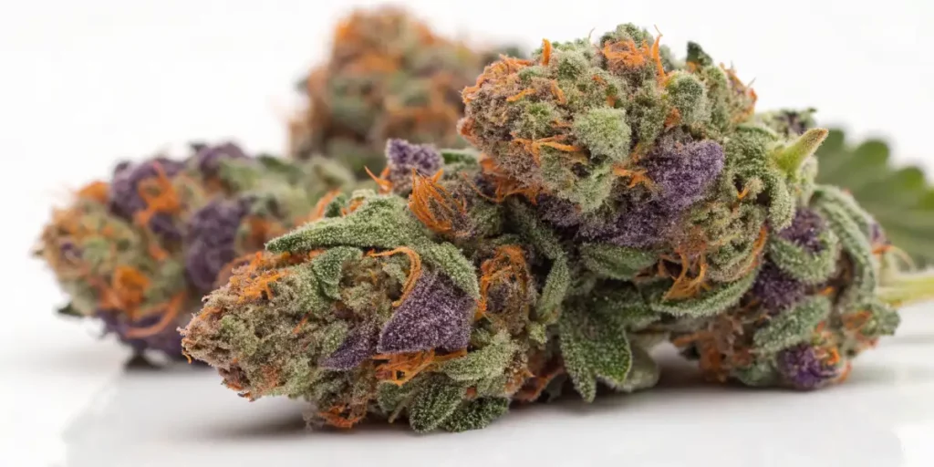 Close-up of purple cannabis buds with orange pistils and frosty trichomes on a white background.