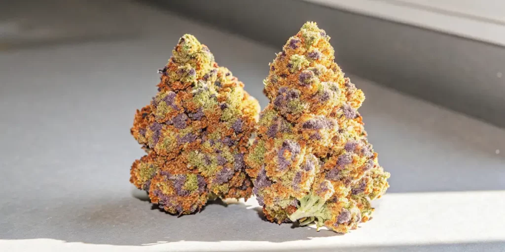 Two cannabis buds with purple and orange hues, illuminated by soft light.