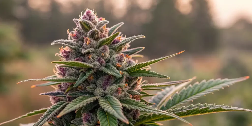 Dense purple cannabis bud covered in trichomes and orange pistils in natural light.