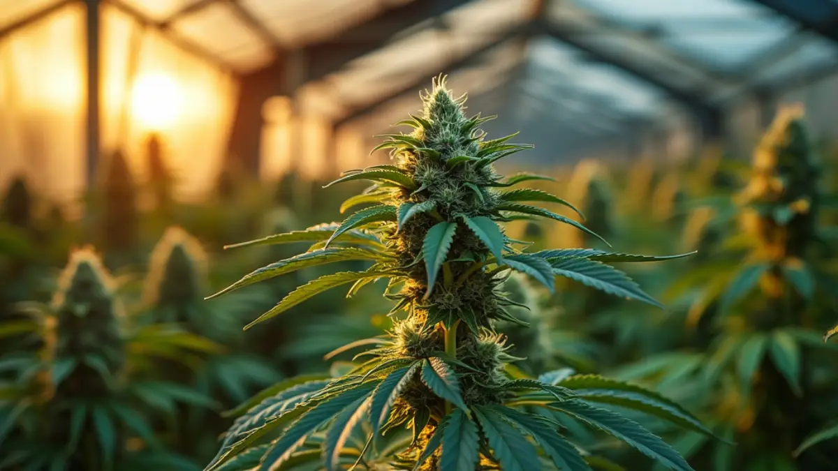 Purple cannabis plant glowing under golden sunset light inside a greenhouse.