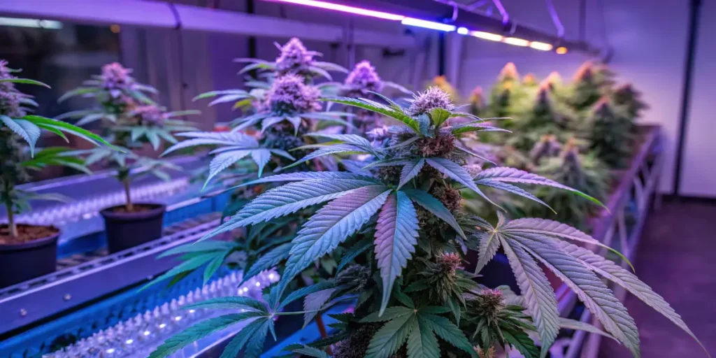 Hyper-realistic image of exotic cannabis plants with vibrant purple buds and green leaves under purple LED grow lights in an indoor grow room.