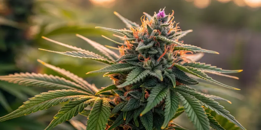 Close-up of cannabis buds with purple hues and trichomes, displaying vibrant colors and a frosty appearance.