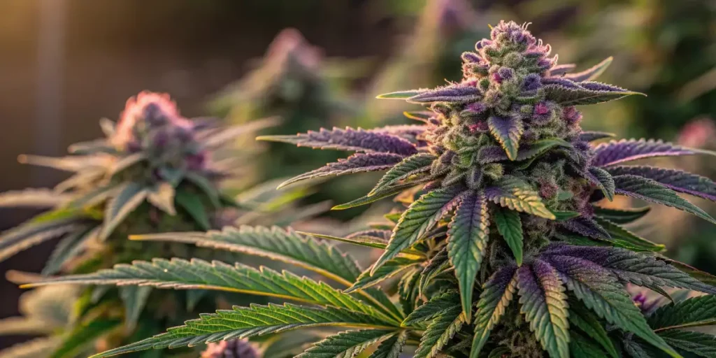 A cannabis plant with purple leaves and frosty buds, glowing in the natural sunlight.
