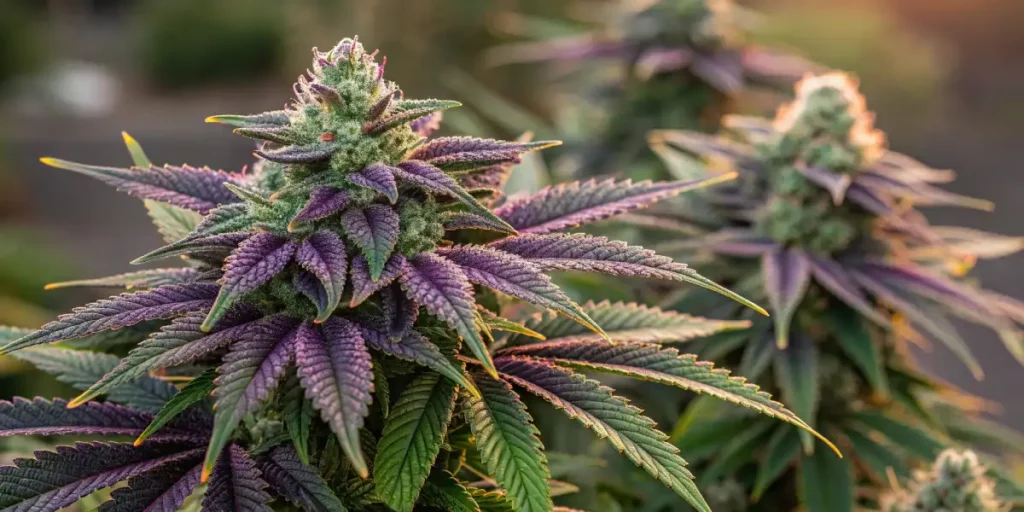 A cannabis plant with purple leaves and frosty buds, illuminated by soft sunlight.