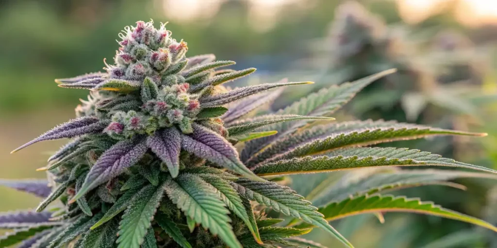 Close-up of cannabis buds with frosty trichomes in a grow room, with vibrant green leaves and natural lighting.