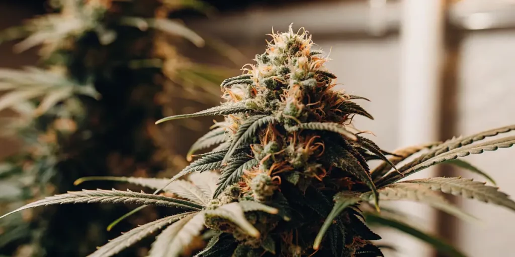 Close-up of cannabis buds covered with resin and orange hairs, showcasing intricate trichomes and details.