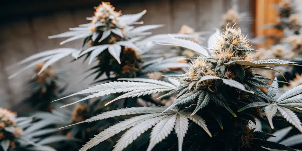 Close-up of cannabis buds coated with resin, highlighting their dense texture under soft natural light.
